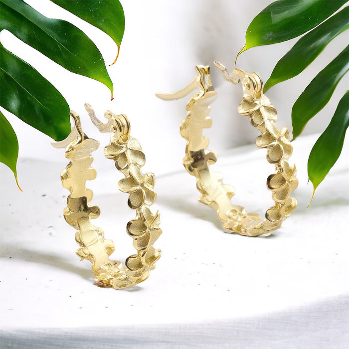 Gold Plumeria Flower Hoop Earrings