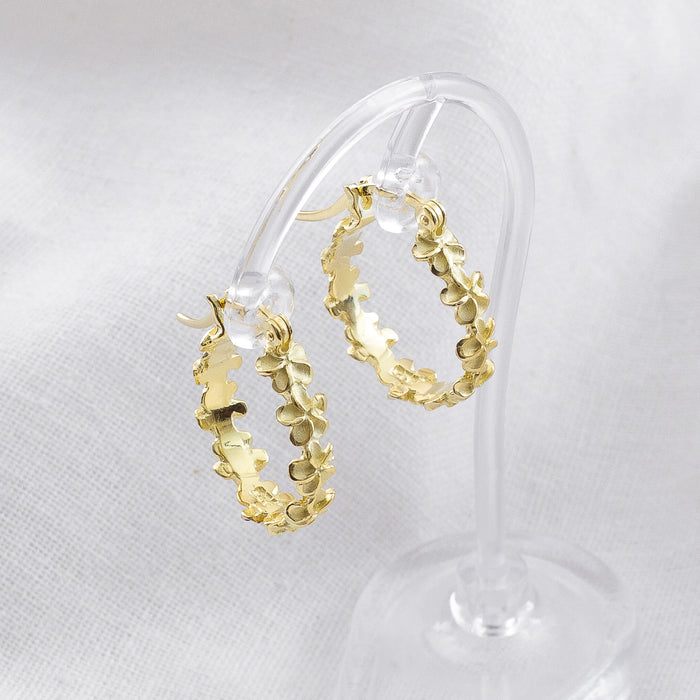 Gold Plumeria Flower Hoop Earrings