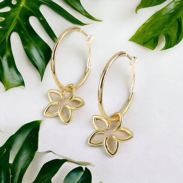 Plumeria Flower Gold Hoop Earrings