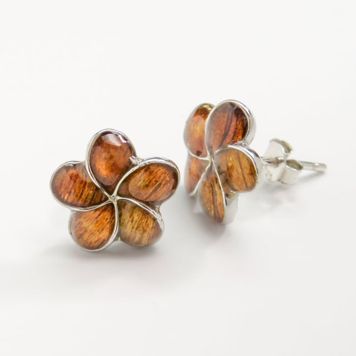 Koa Wood Plumeria Flower Stud Earrings