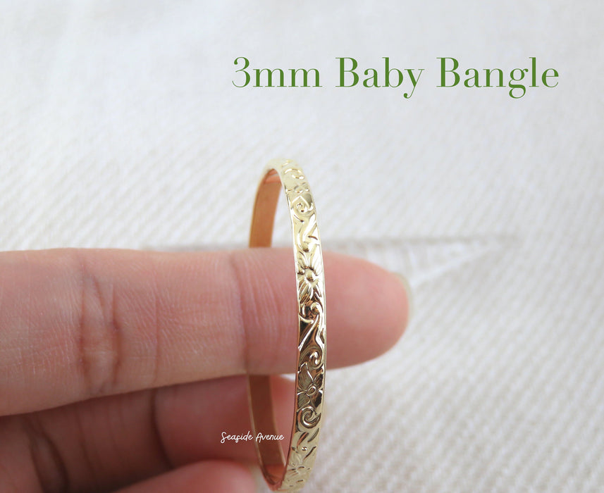 3mm Hawaiian Heirloom Design Gold Baby Bangle