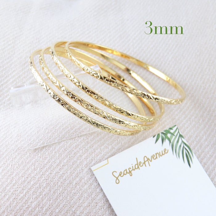 3mm Hawaiian Heirloom Design Gold Bangle