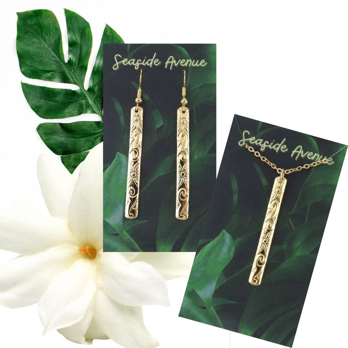 Hawaiian Heirloom Design Gold Bar Dangling Earrings