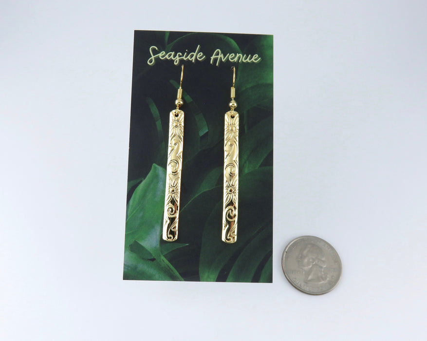 Hawaiian Heirloom Design Gold Bar Dangling Earrings