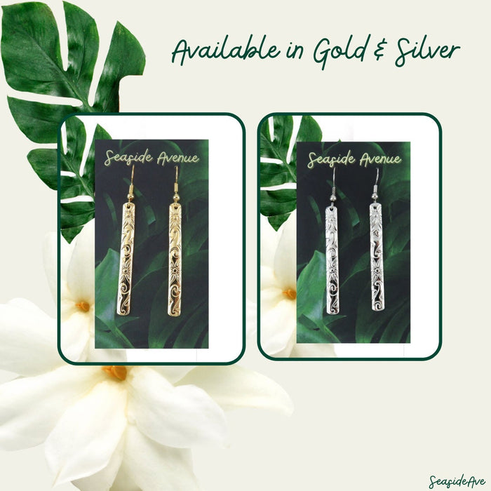 Hawaiian Heirloom Design Gold Bar Dangling Earrings